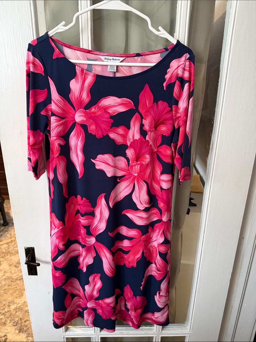 Tommy Bahama Navy Dress with Hot Pink Floral Print